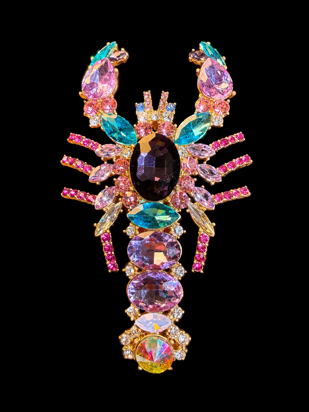 Gold-tone multicolor crystal-style lobster brooch front view