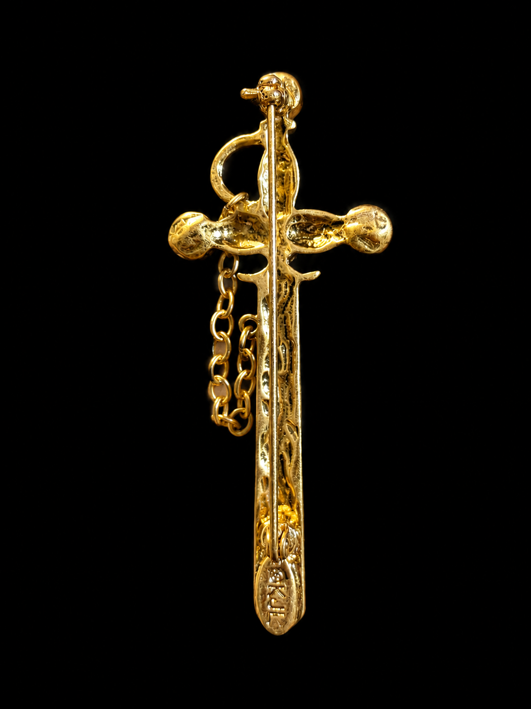 Gold-tone multicolor crystal-style sword mini brooch back view with pin clasp
