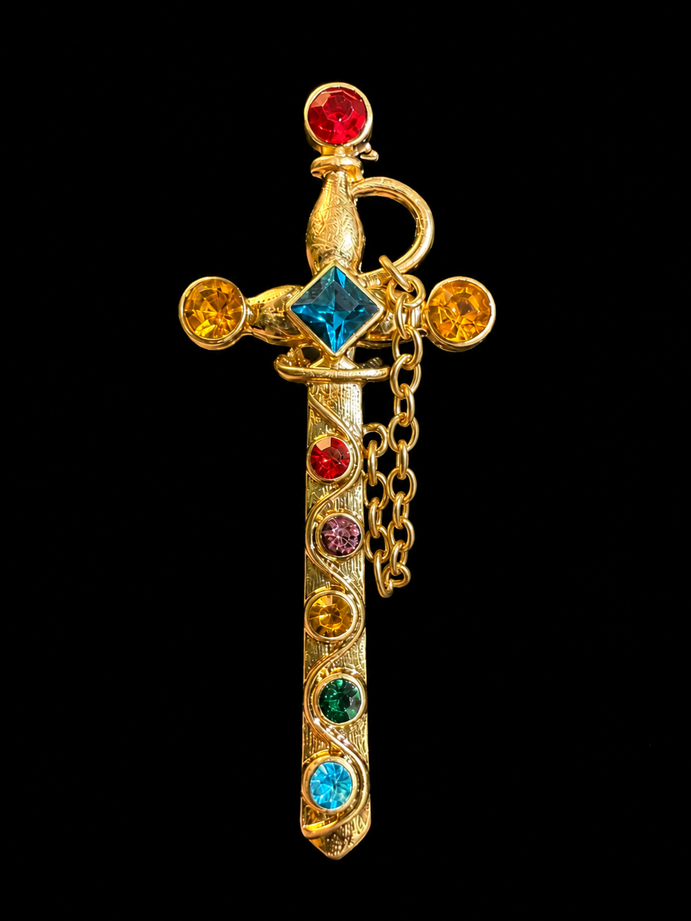 Gold-tone multicolor crystal-style sword mini brooch front view