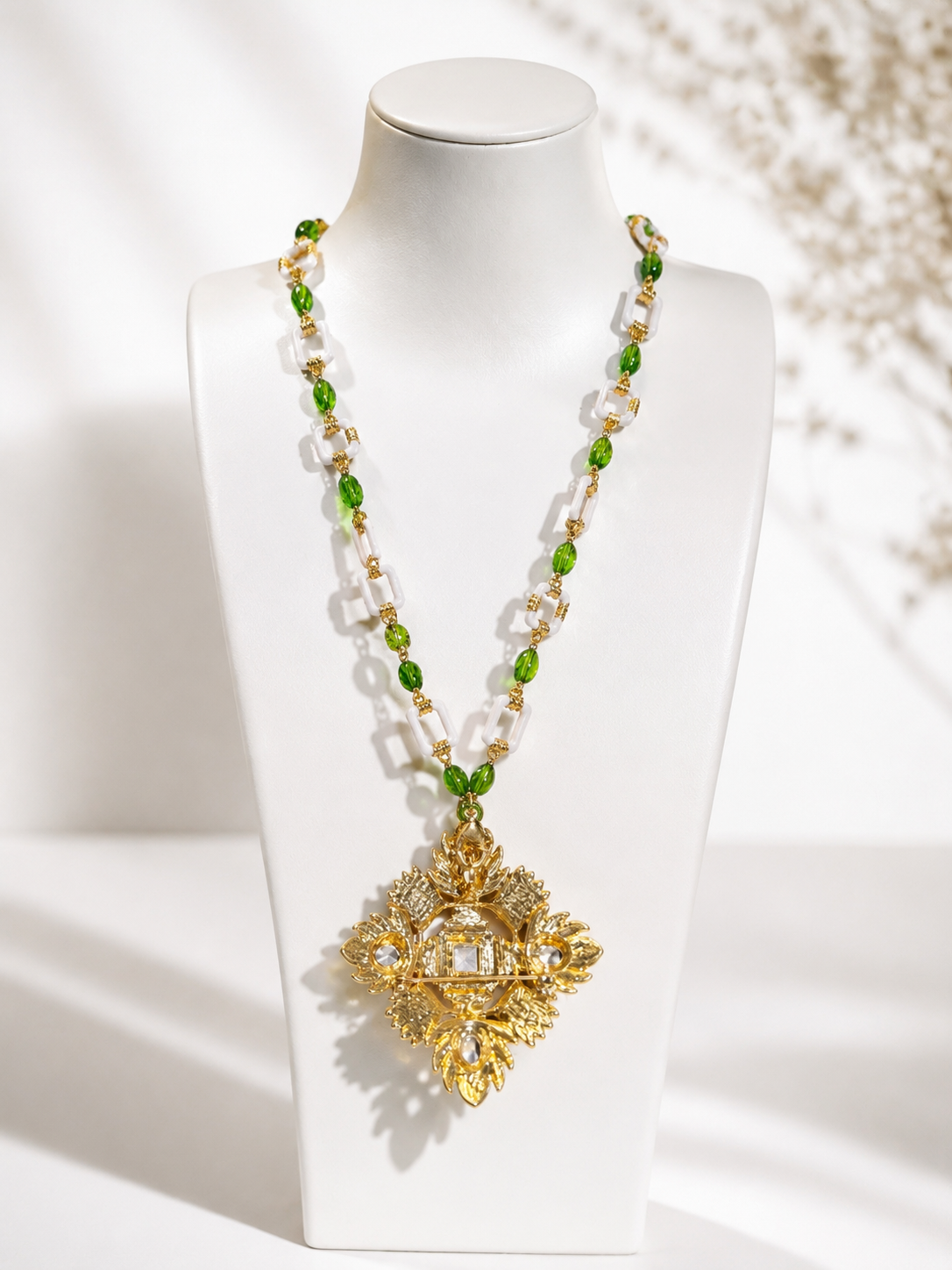 Gold-tone multicolor enamel-style brooch pendant necklace back pin detail