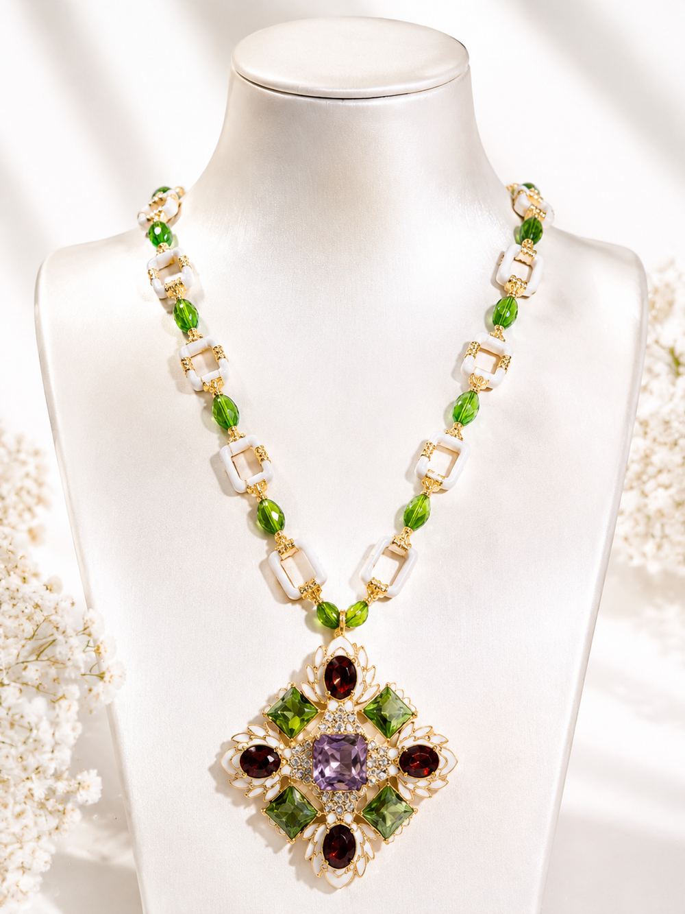 Gold-tone multicolor enamel-style convertible brooch pendant necklace front view