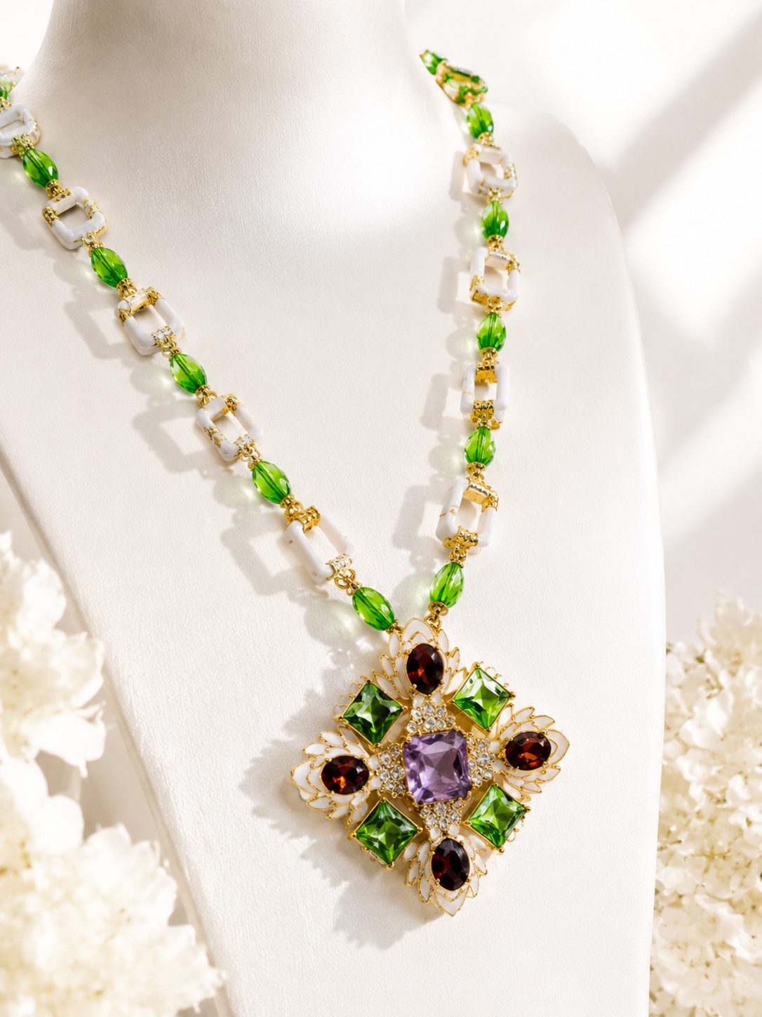 Gold-tone multicolor enamel-style convertible brooch pendant necklace close view