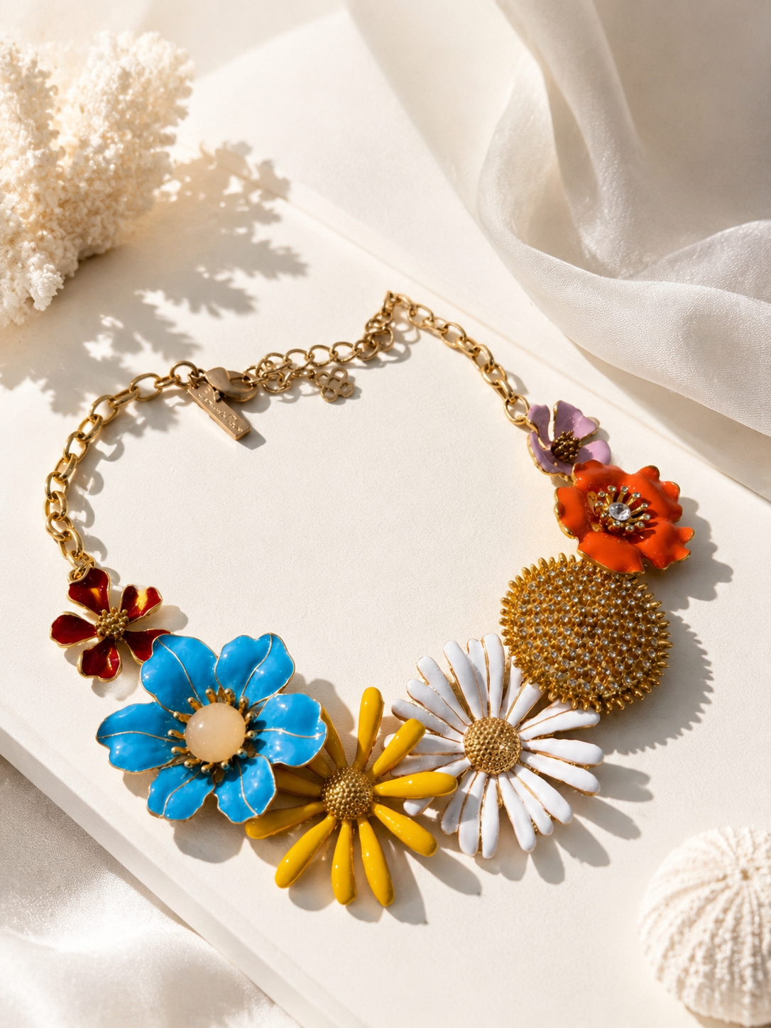 Gold-tone multicolor enamel-style floral necklace detail view