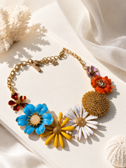 Gold-tone multicolor enamel-style floral necklace detail view