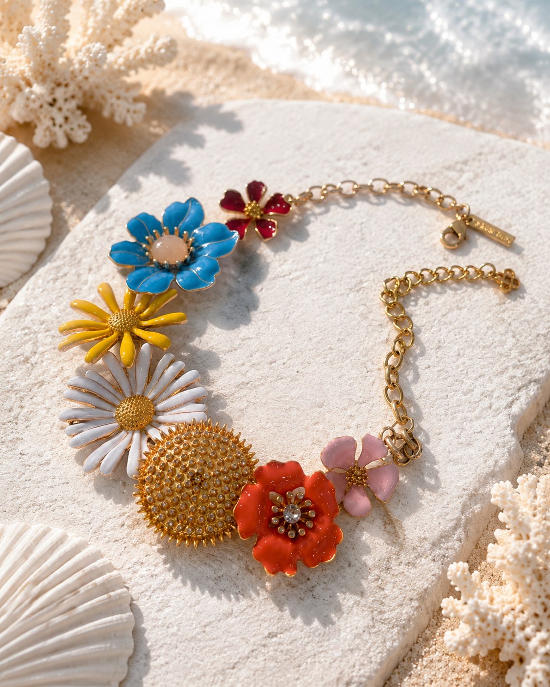 Gold-tone multicolor enamel-style floral necklace flat lay view