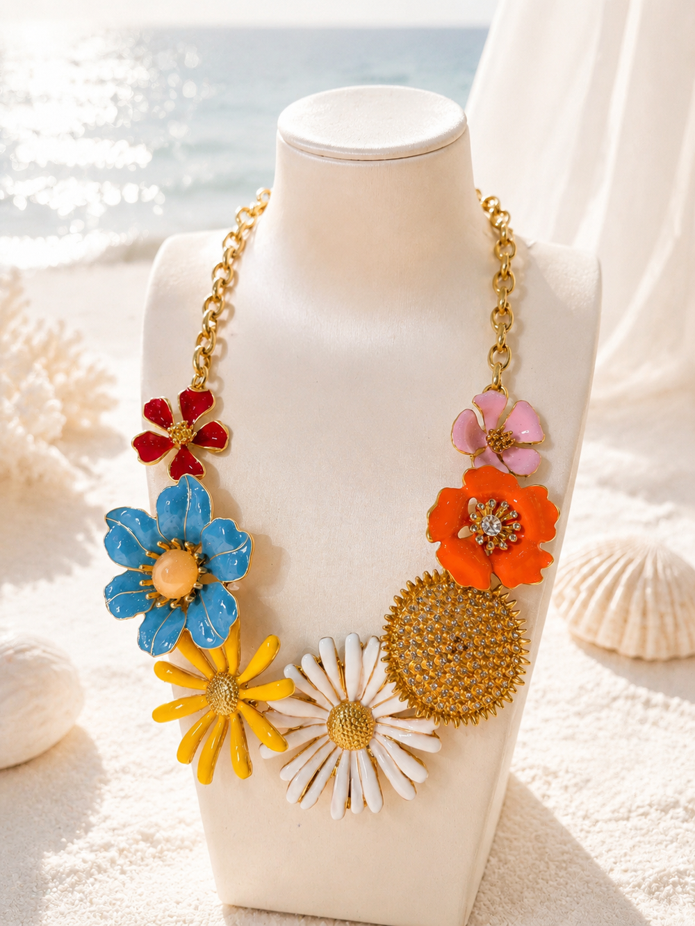 Gold-tone multicolor enamel-style floral necklace front view on display bust
