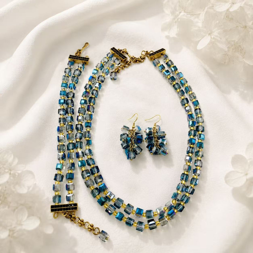 Gold-tone multicolor faceted bead necklace, bracelet and earrings set