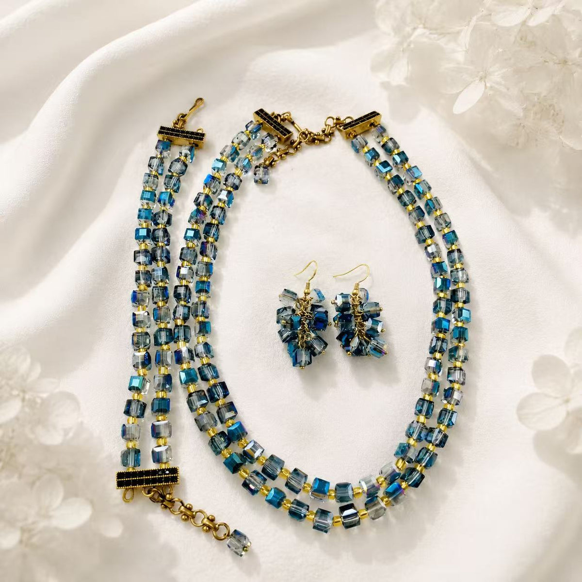 Gold-tone multicolor faceted bead necklace, bracelet and earrings set