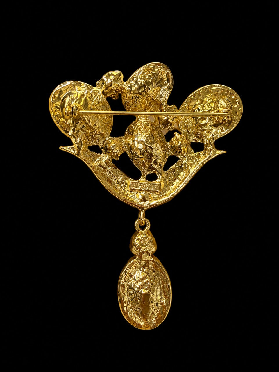 Gold-tone multicolor glass drop statement brooch back pin detail