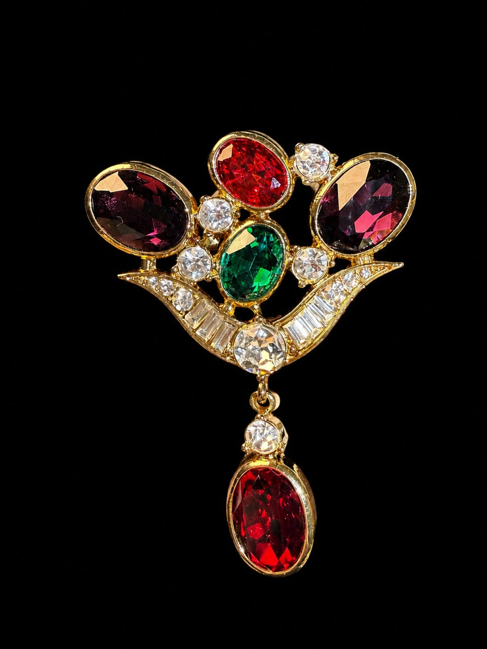 Gold-tone multicolor glass drop statement brooch front view