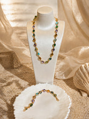 Gold-tone multicolor glass necklace and bracelet set display view