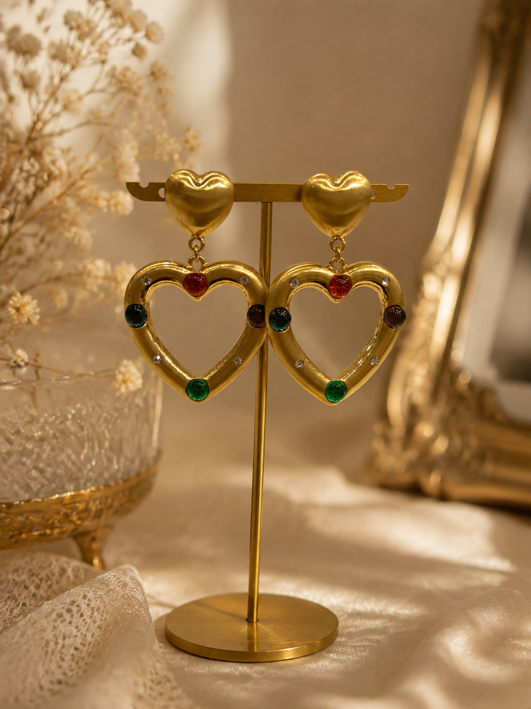 Gold-tone multicolor heart pendant stud earrings display view