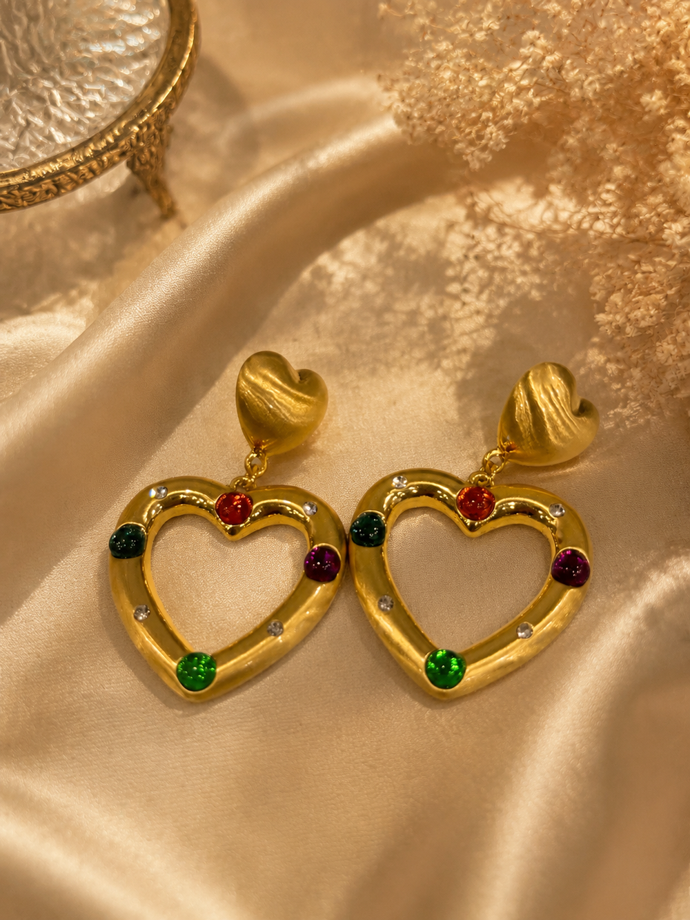 Gold-tone multicolor heart pendant stud earrings front view