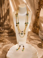 Gold-tone multicolor stone-style necklace and earrings set front view