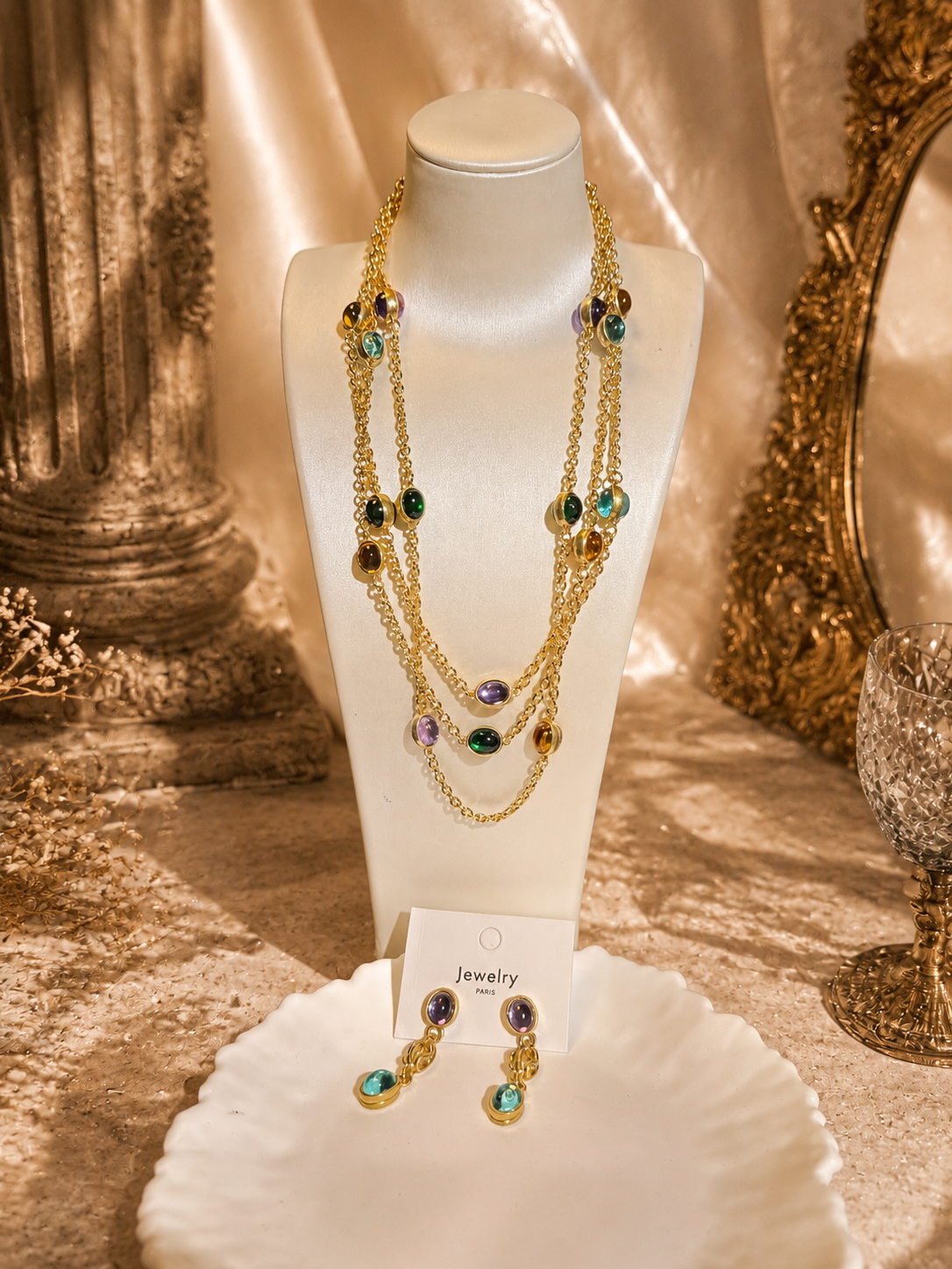 Gold-tone multicolor stone-style necklace and earrings set front view
