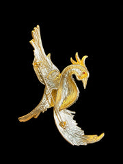 Gold-tone multicolor phoenix bird statement brooch back view with pin hardware