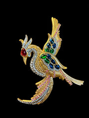 Gold-tone multicolor phoenix bird statement brooch front view