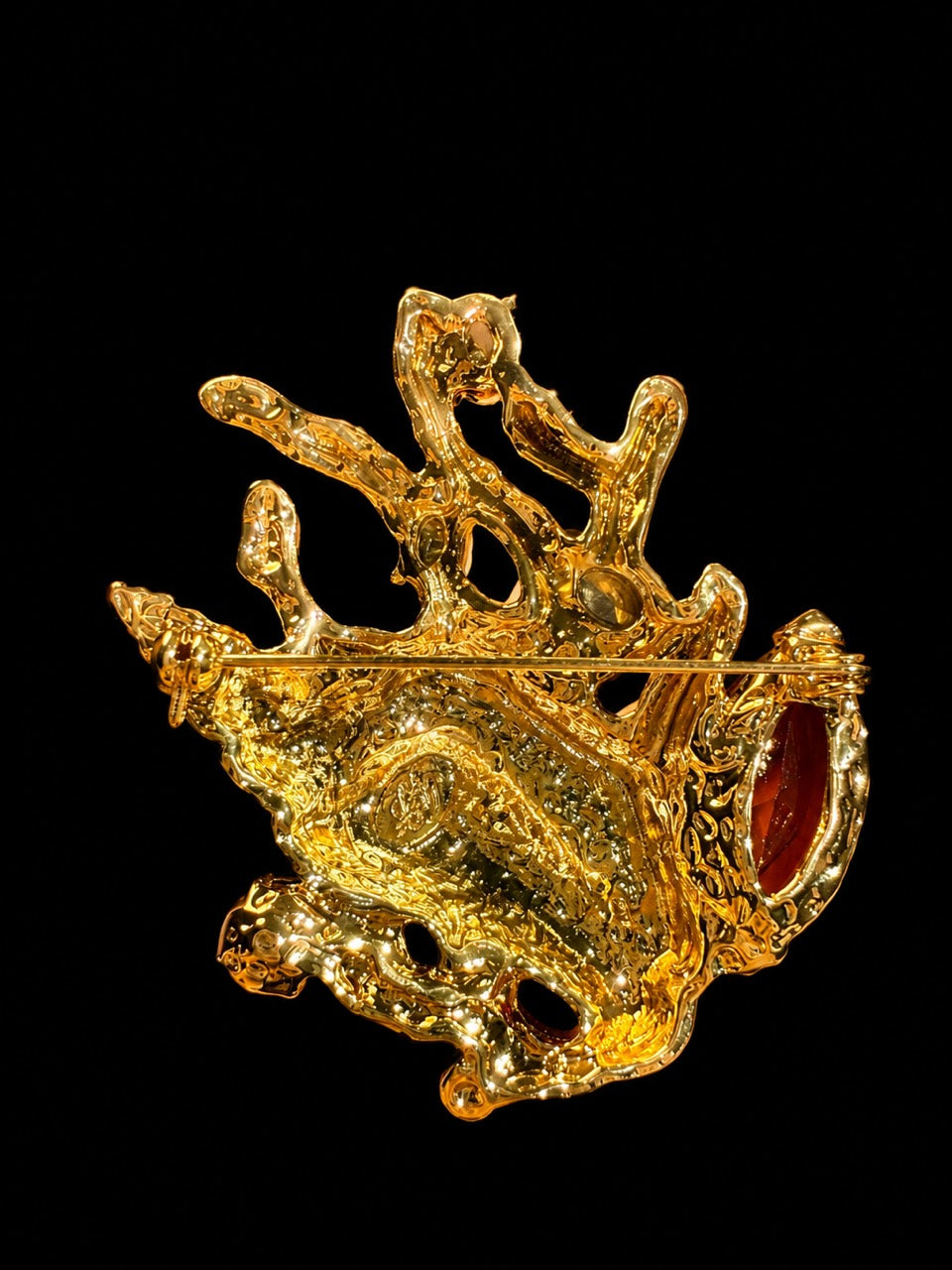 Gold-tone multicolor rhinestone seashell statement brooch back pin detail
