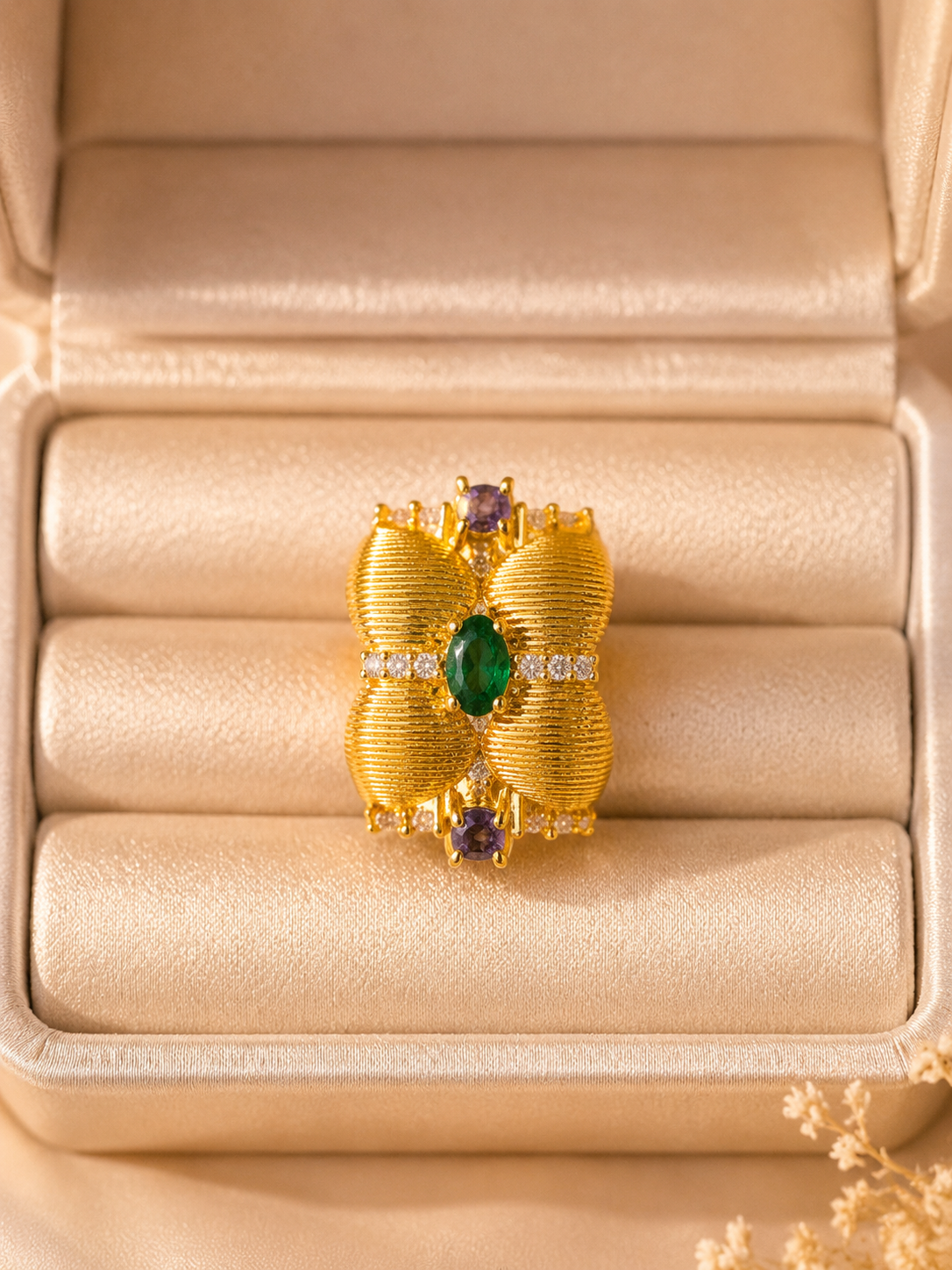 Gold-tone open adjustable ring with green and purple crystal-style accents
