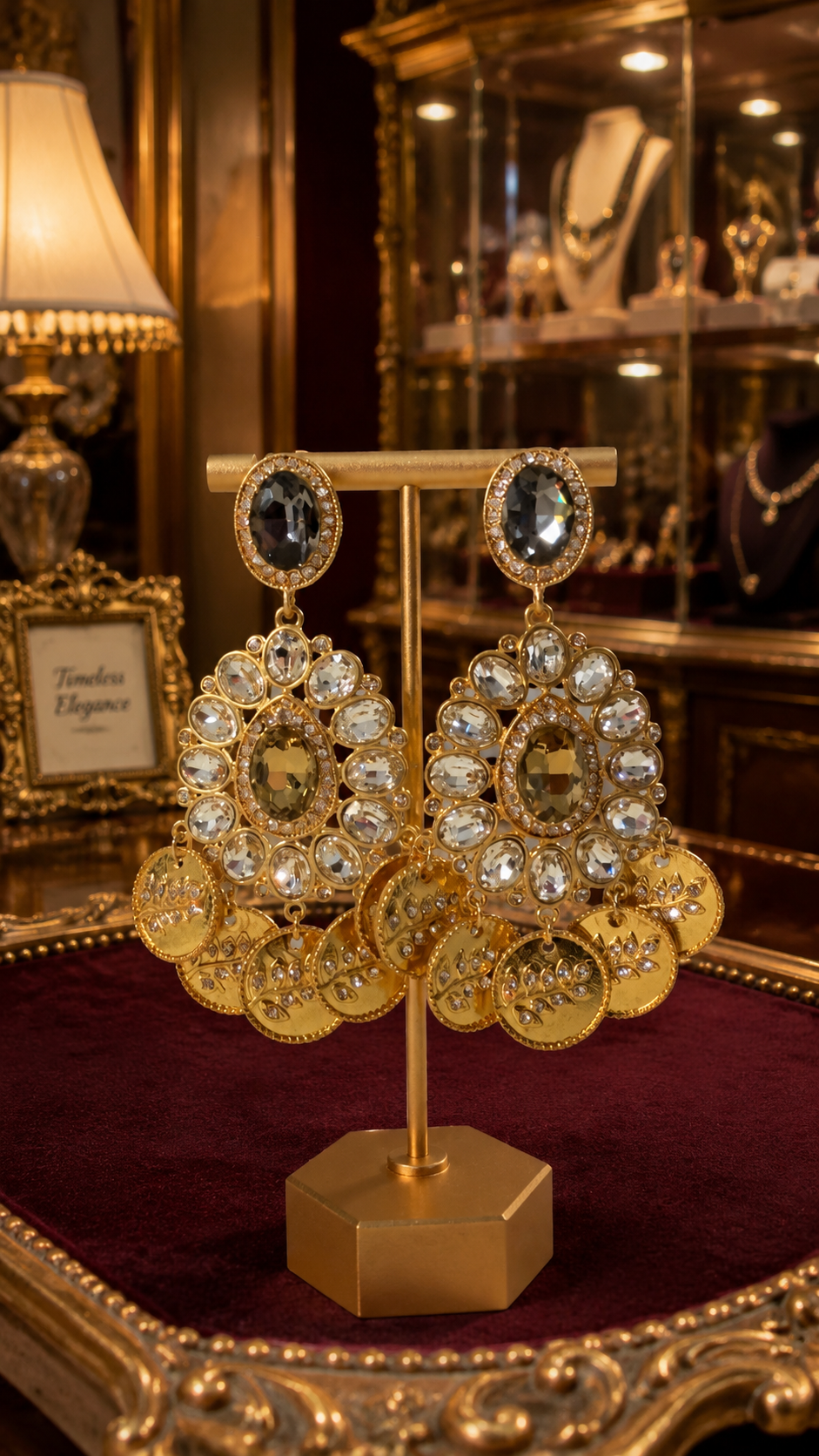 Gold-tone oval medallion statement earrings with coin-like dangles on a display stand