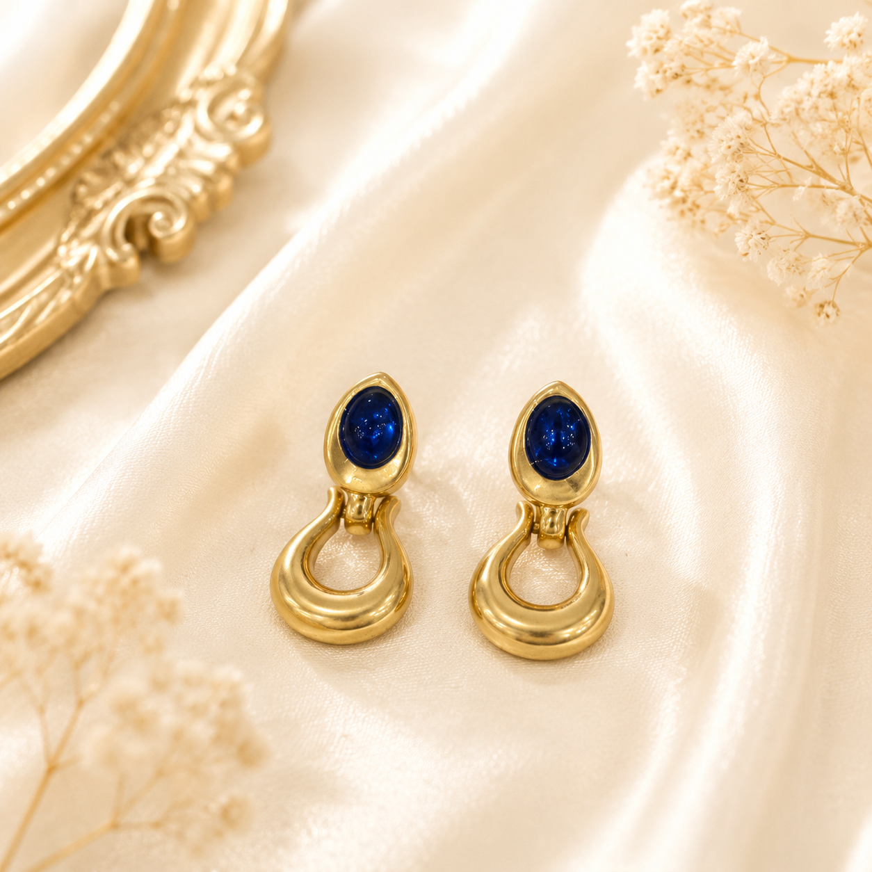 Blue gold-tone oval stone-style loop stud earrings
