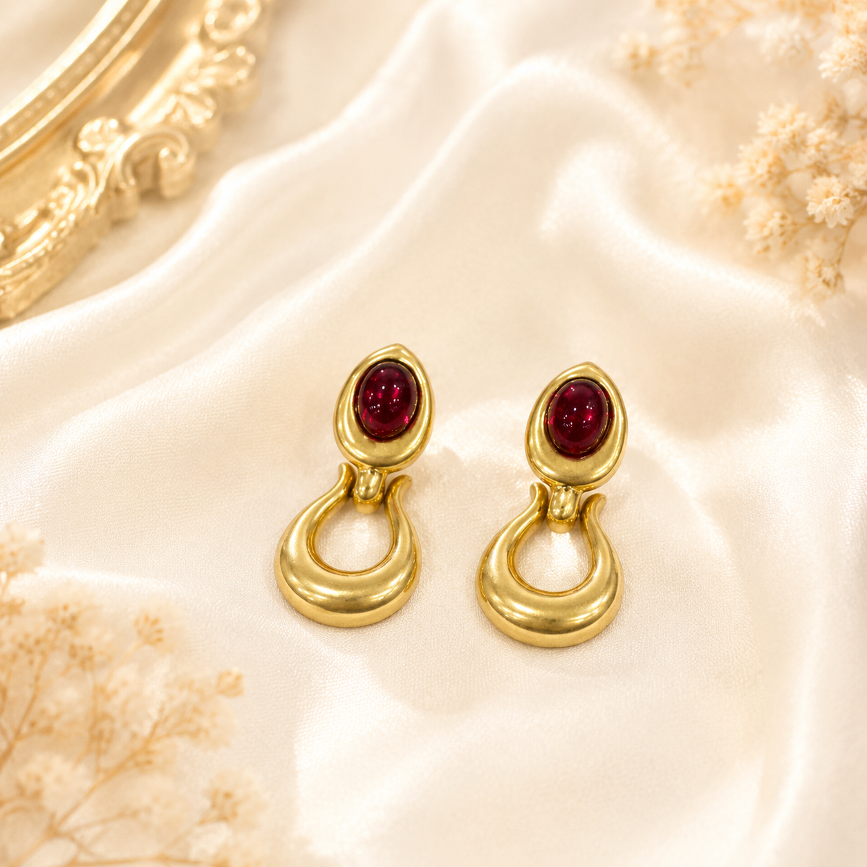 Pomegranate red gold-tone oval stone-style loop stud earrings