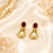 Pomegranate red gold-tone oval stone-style loop stud earrings