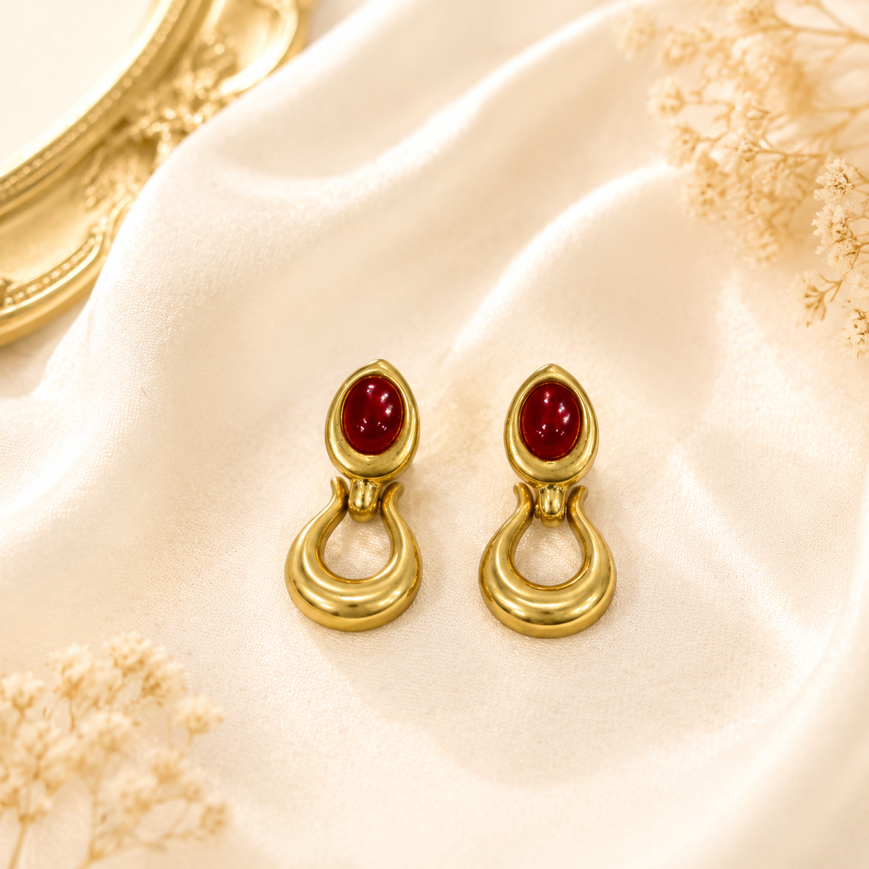 Red gold-tone oval stone-style loop stud earrings