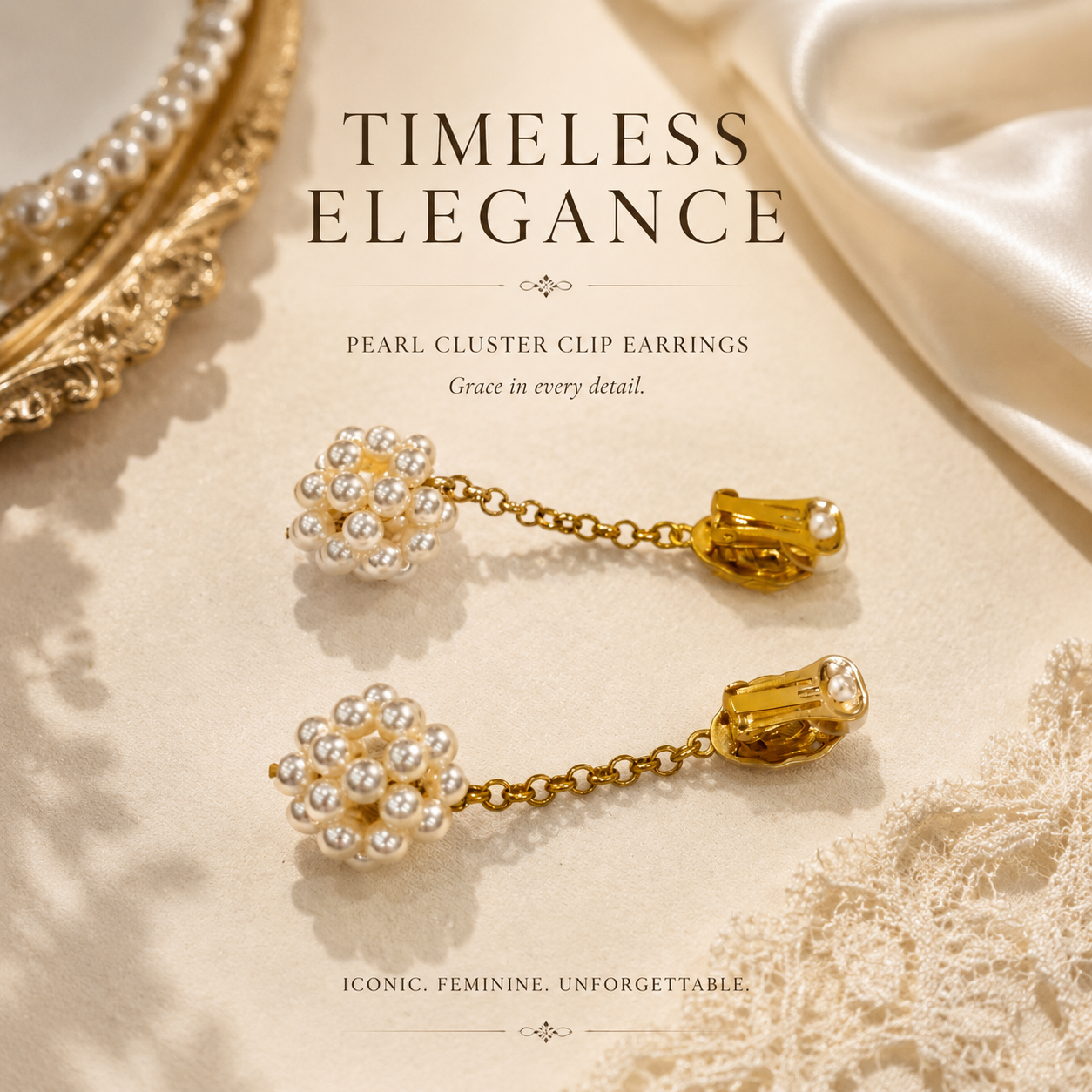 Gold-tone pearl-style-style cluster drop clip-on earrings detail view
