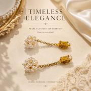 Gold-tone pearl-style cluster drop clip-on earrings detail view