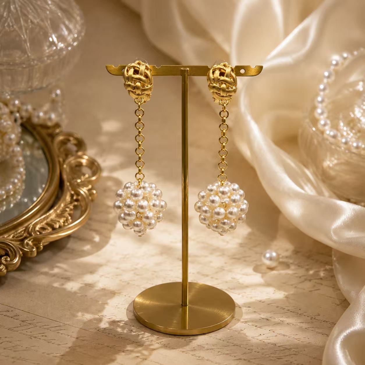 Gold-tone pearl-style-style cluster drop clip-on earrings display view