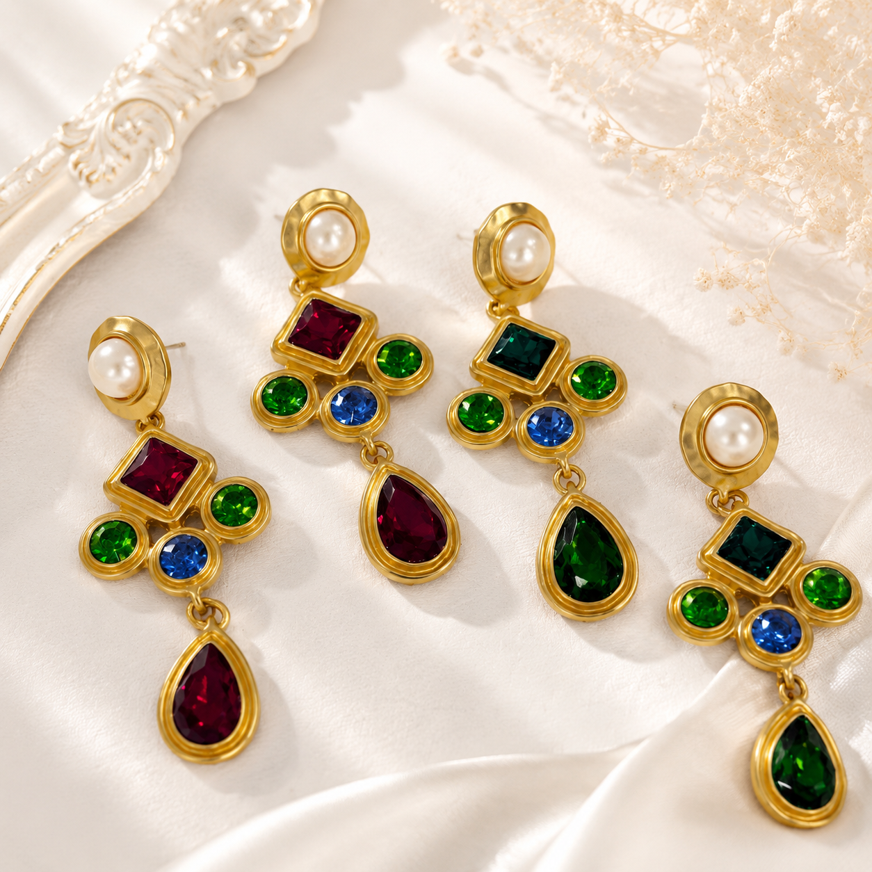 Gold-tone pearl-style-style drop earrings in multicolor and green color variants