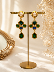Gold-tone pearl-style green geometric crystal-style drop earrings front view