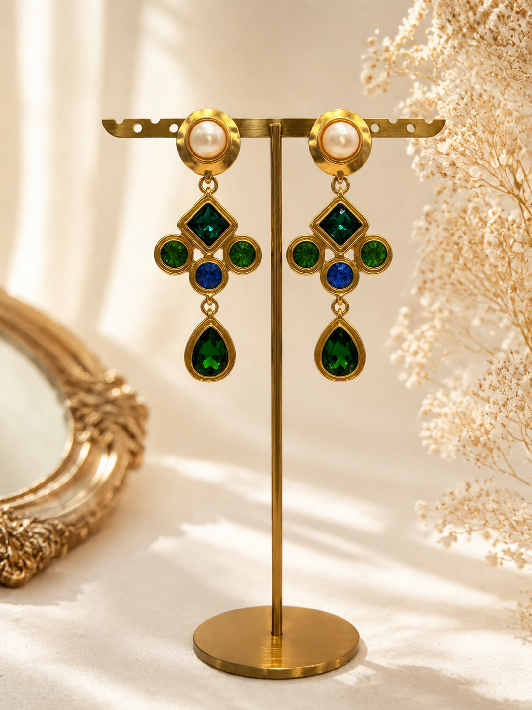 Gold-tone pearl-style-style green geometric crystal-style-style drop earrings front view