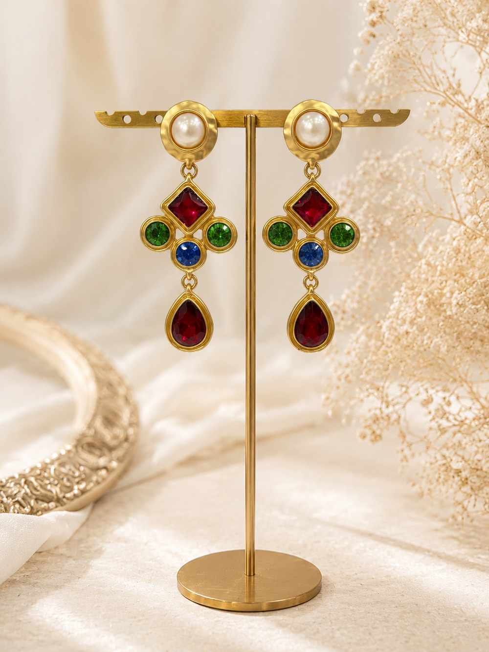 Gold-tone pearl-style multicolor geometric crystal-style drop earrings front view