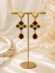 Gold-tone pearl-style multicolor geometric crystal-style drop earrings front view