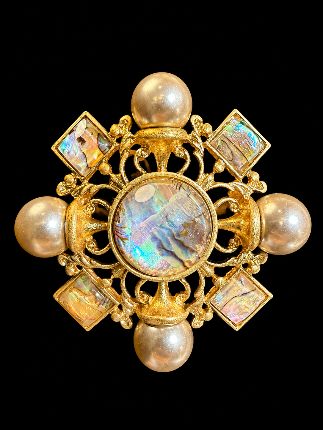 Gold-tone pearl-style iridescent cabochon statement brooch front view