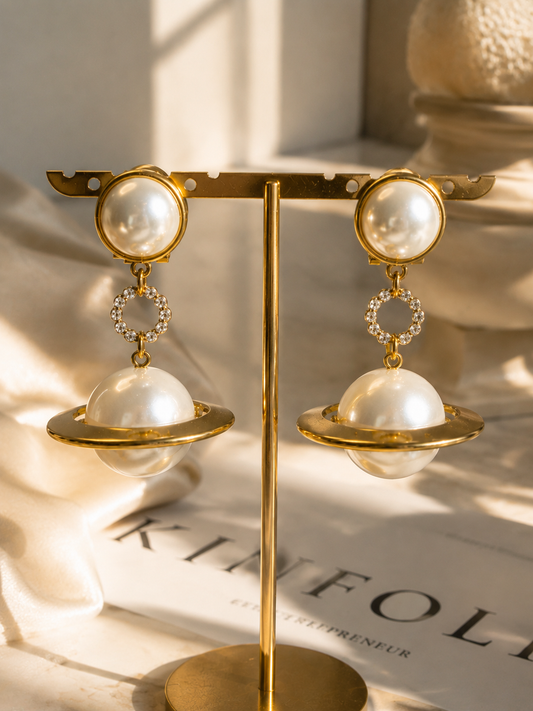 Gold-tone pearl-style-style orbital drop earrings front view