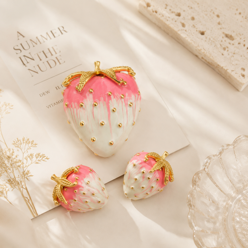 Gold-tone pink-and-cream enamel-style strawberry brooch and stud earrings set