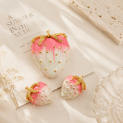 Gold-tone pink-and-cream enamel-style strawberry brooch and stud earrings set