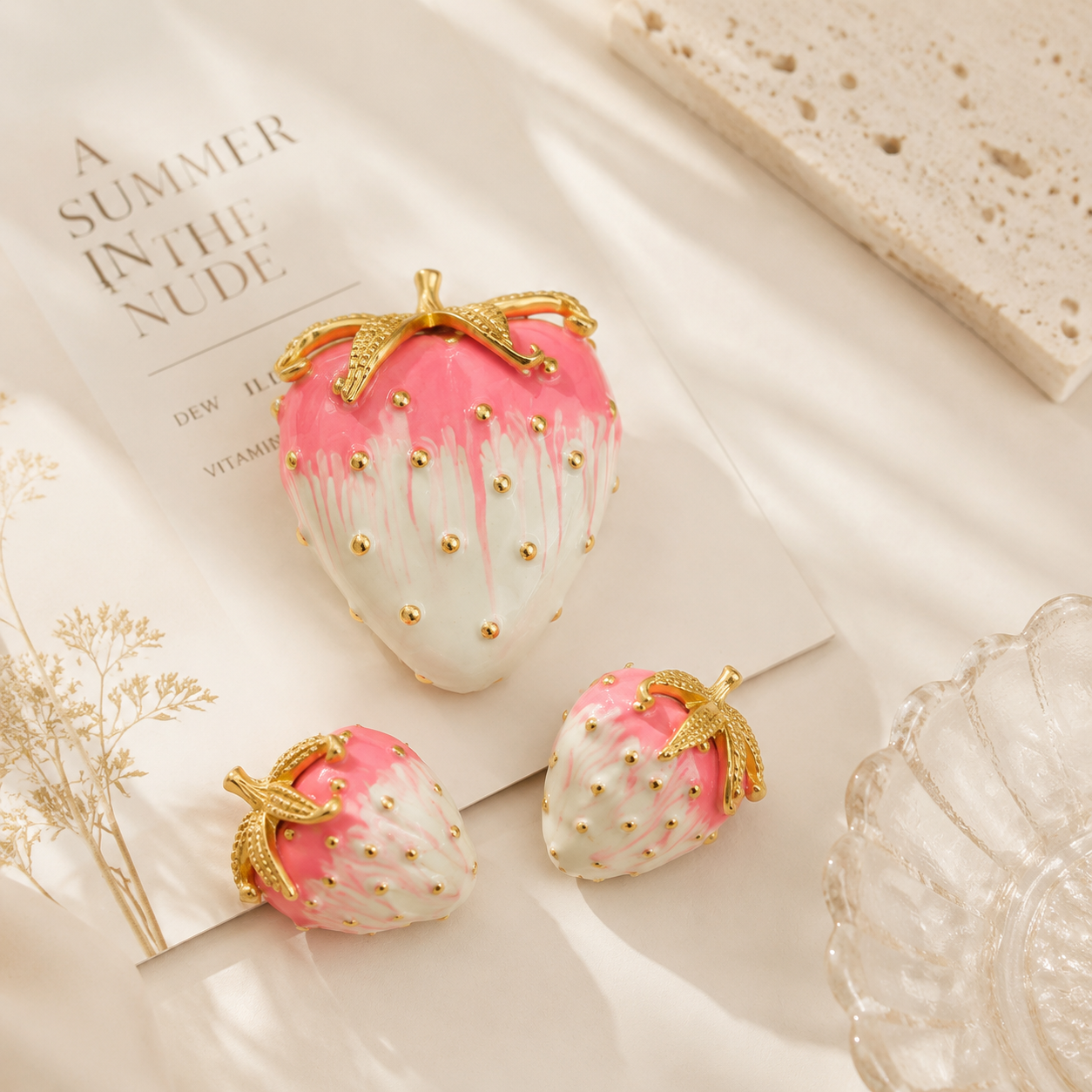 Gold-tone pink-and-cream enamel-style strawberry brooch and stud earrings set