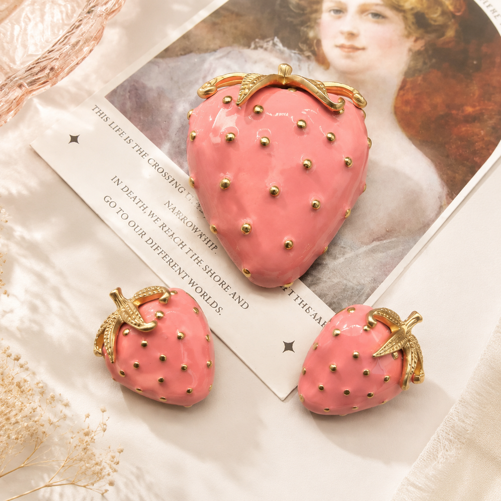 Gold-tone pink enamel-style strawberry brooch and stud earrings set