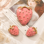 Gold-tone pink enamel-style strawberry brooch and stud earrings set