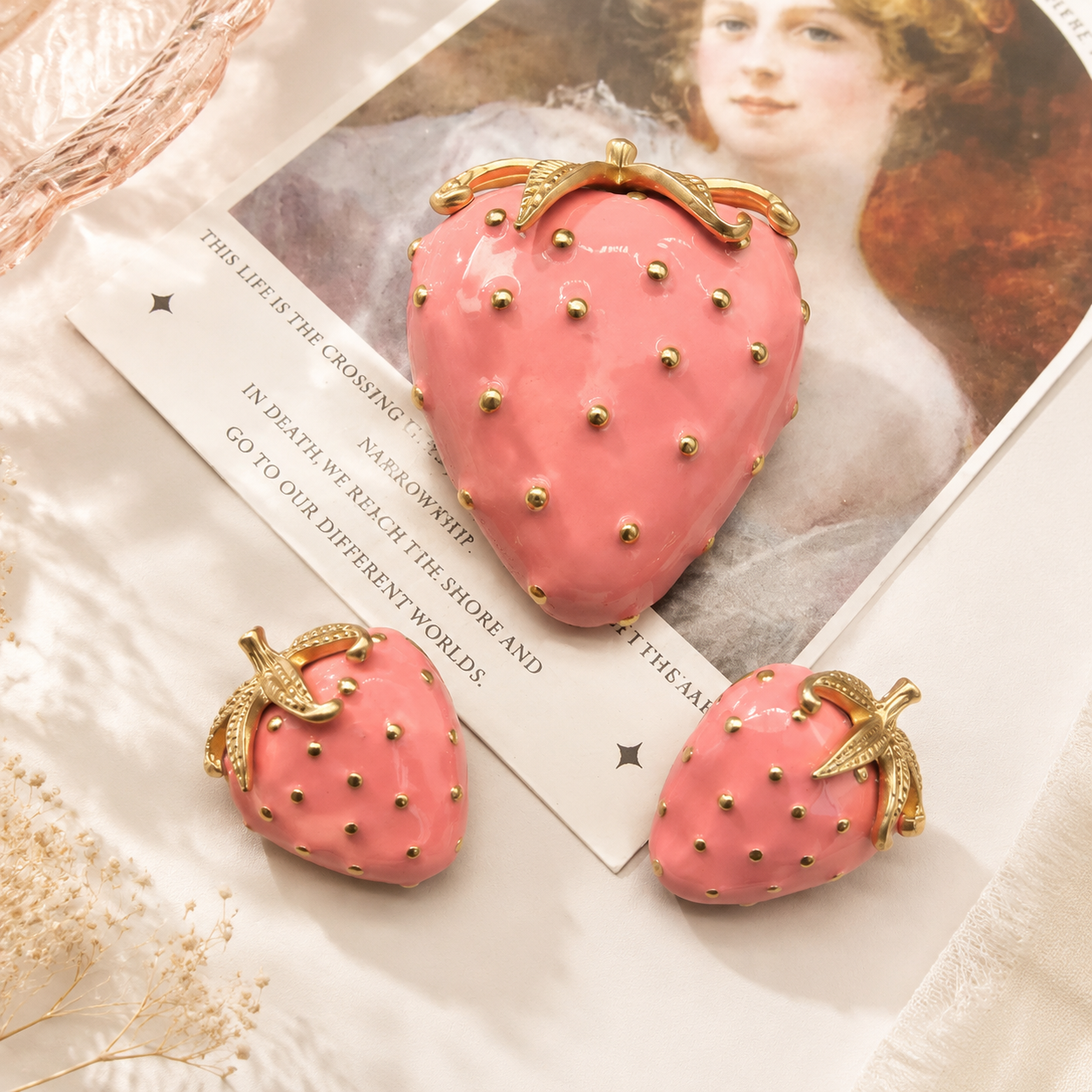 Gold-tone pink enamel-style strawberry brooch and stud earrings set