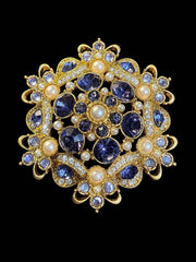 Gold-tone purple crystal-style and pearl-style statement brooch front view