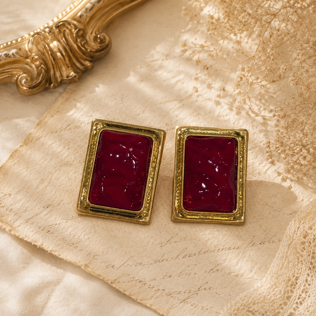 Gold-tone rectangular red glass-style stud earrings front view