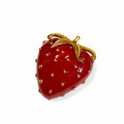 Gold-tone red enamel-style strawberry statement brooch front detail