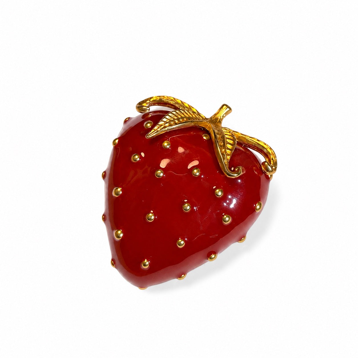 Gold-tone red enamel-style strawberry statement brooch front detail