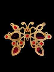Gold-tone red glass butterfly convertible brooch pendant back pin and loop detail