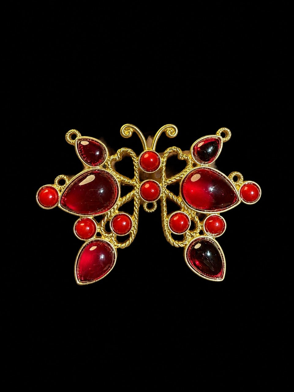 Gold-tone red glass butterfly convertible brooch pendant front view